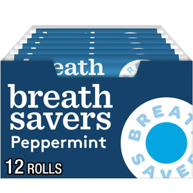 Breath Savers peppermint roll box with 24 mints for on-the-go freshness.