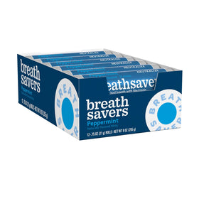 Close-up of Breath Savers peppermint roll highlighting a cooling mint flavor.