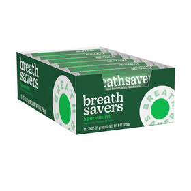 Breath Savers spearmint mints close-up showing sugar-free, refreshing flavor.