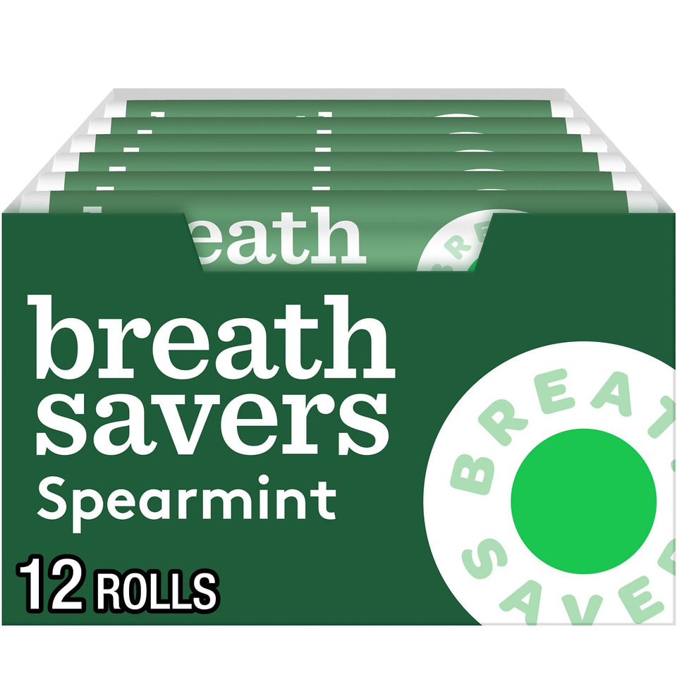Breath Savers spearmint mint rolls box for convenient on-the-go freshness.