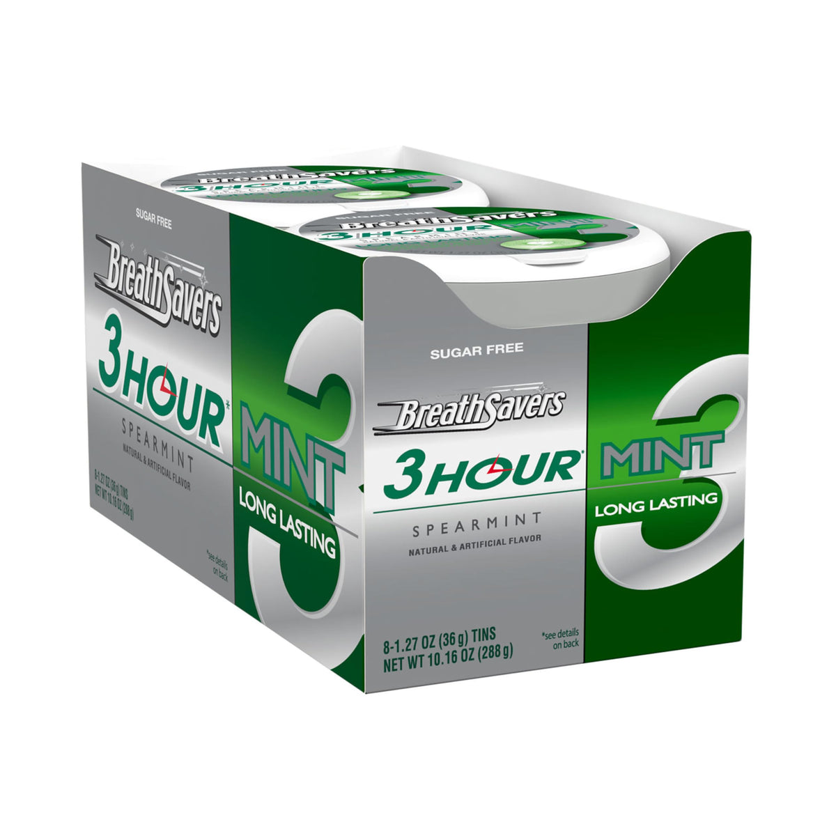 Breath Savers spearmint tin close-up with compact design for easy carry