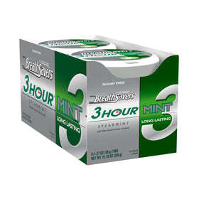 Breath Savers spearmint tin close-up with compact design for easy carry