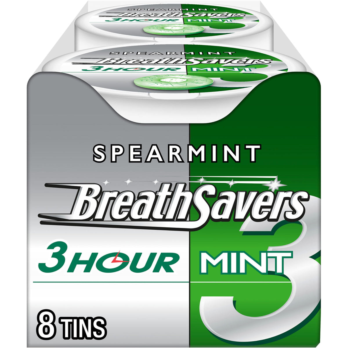 Breath Savers spearmint tins packaging close-up for convenient freshness on the go