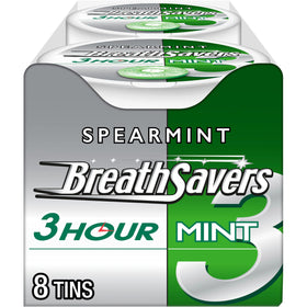 Breath Savers spearmint tins packaging close-up for convenient freshness on the go