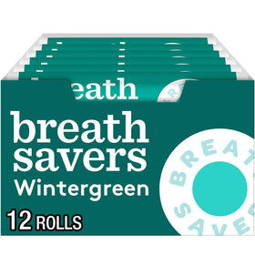 Breath Savers Wintergreen mints box with 24 rolls for on-the-go freshness.