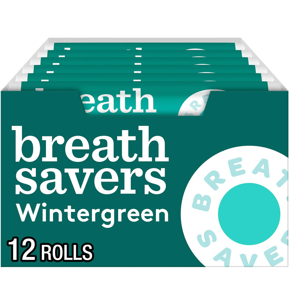 Breath Savers Wintergreen mints box with 24 rolls for on-the-go freshness.