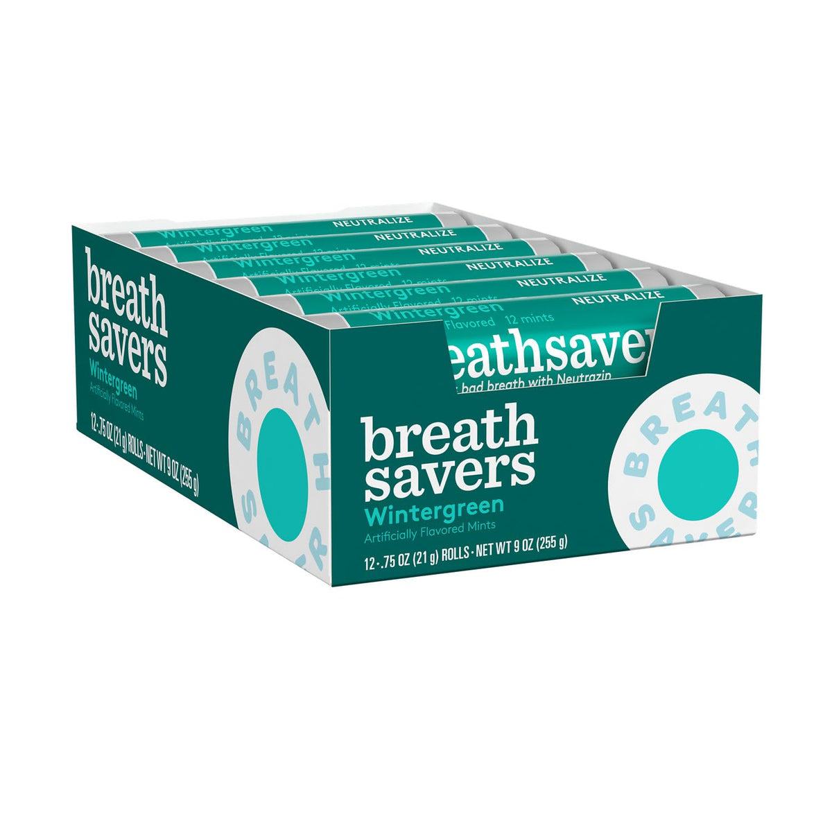 Open pack of Breath Savers Wintergreen mints ready for quick breath refresh.