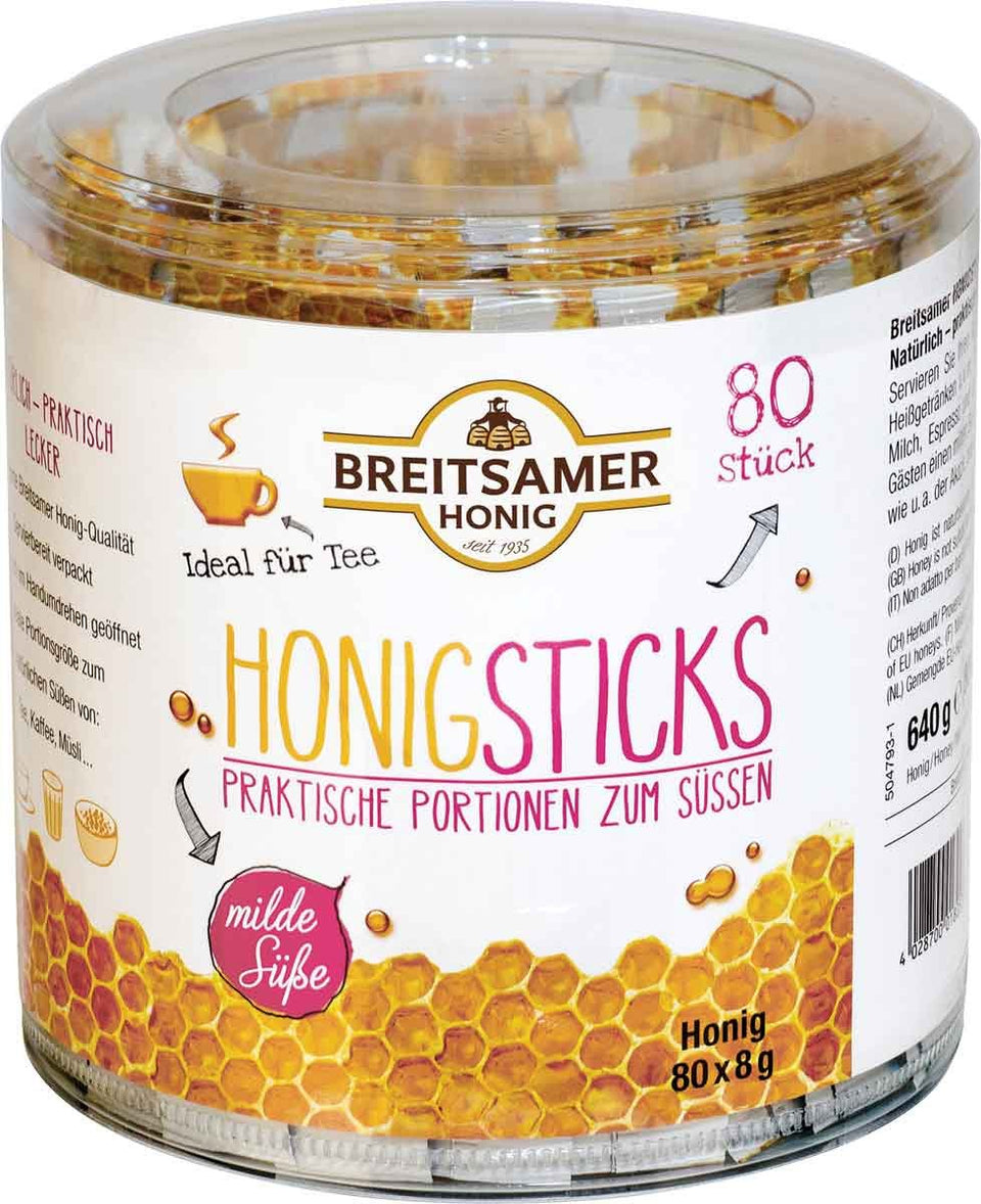 Breitsamer Acacia Honey Sticks in a portable pack for on-the-go natural sweetness
