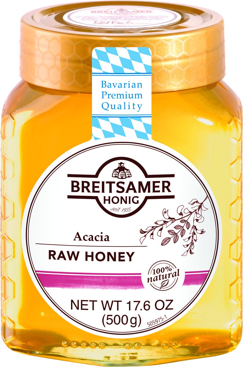 Breitsamer Acacia Raw Honey jar with smooth pour, a versatile pantry staple.