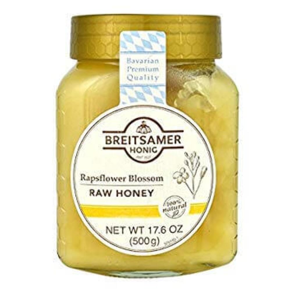 Breitsamer creamy rapeseed blossom honey jar, ideal for spreading and natural sweetening.
