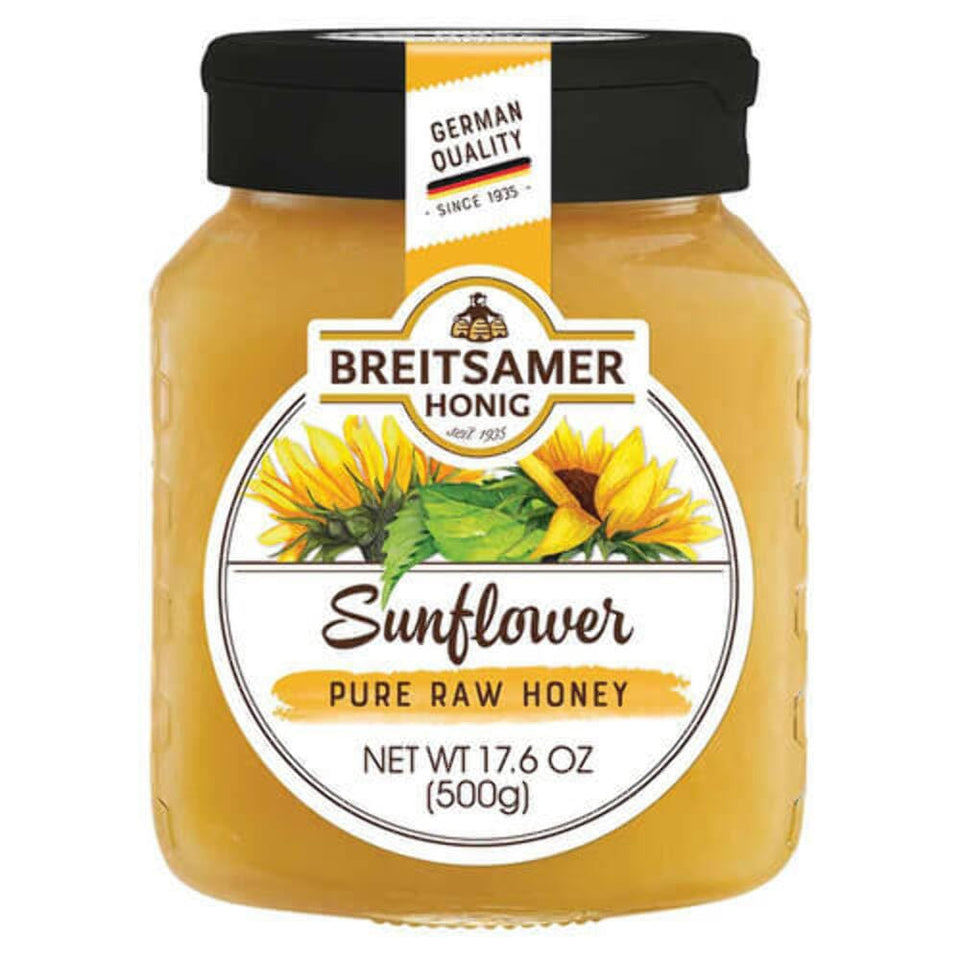 Breitsamer sunflower raw honey jar on toast, creamy aroma and versatile sweetness