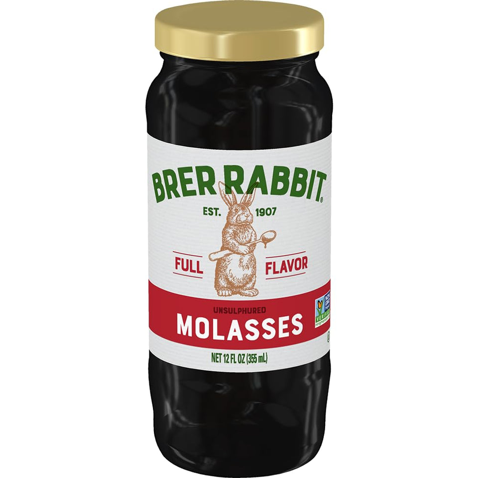 Brer Rabbit Unsulphured Molasses bottle highlighting Full Flavor for baking and glaze-inspired recipes.