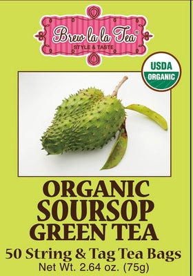 Brew La La Green Tea Soursop bags in tin, convenient double-chamber packaging.