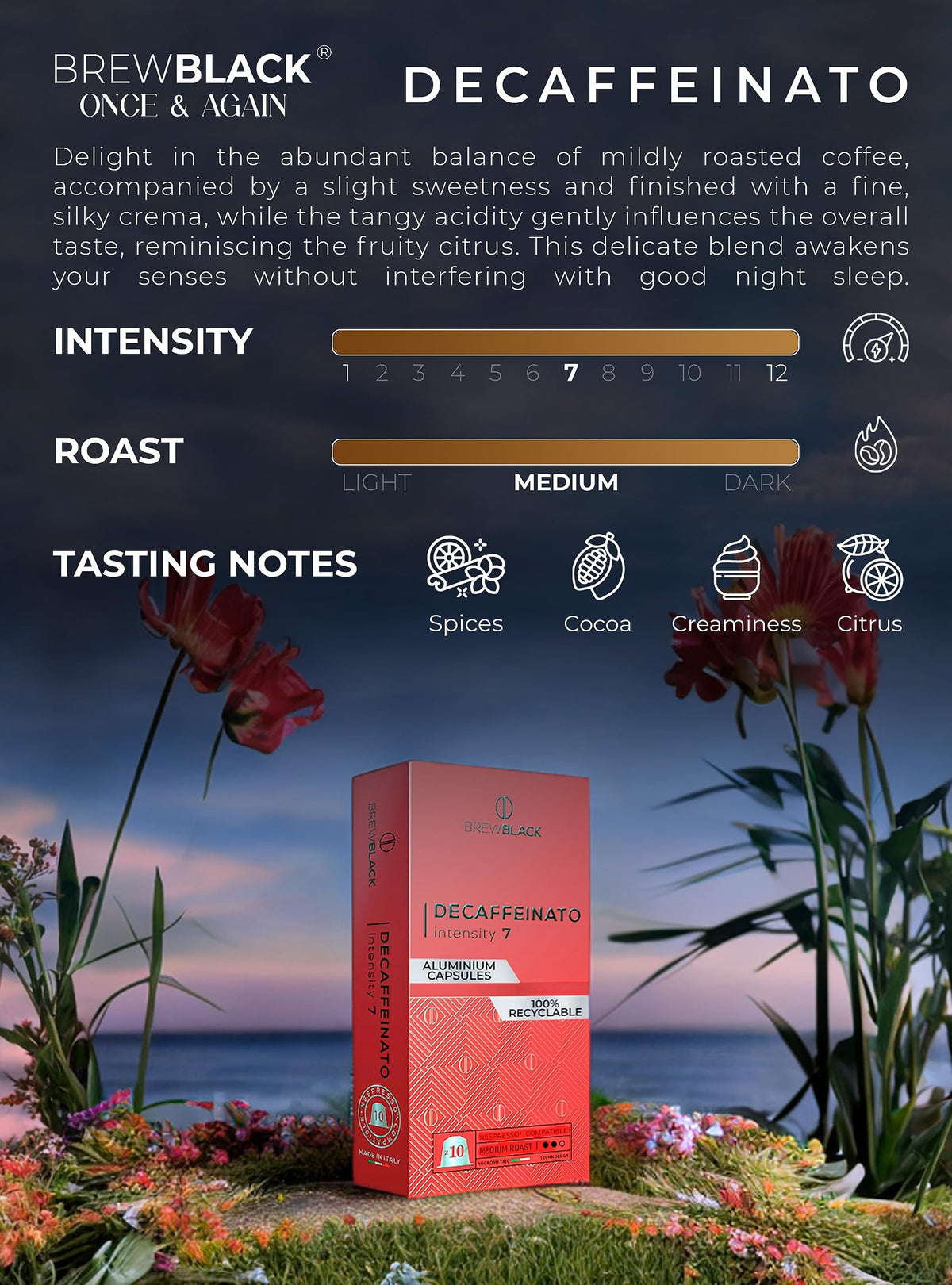 BREWBLACK aluminum capsules decaffeinato, preserving flavor with premium packaging.