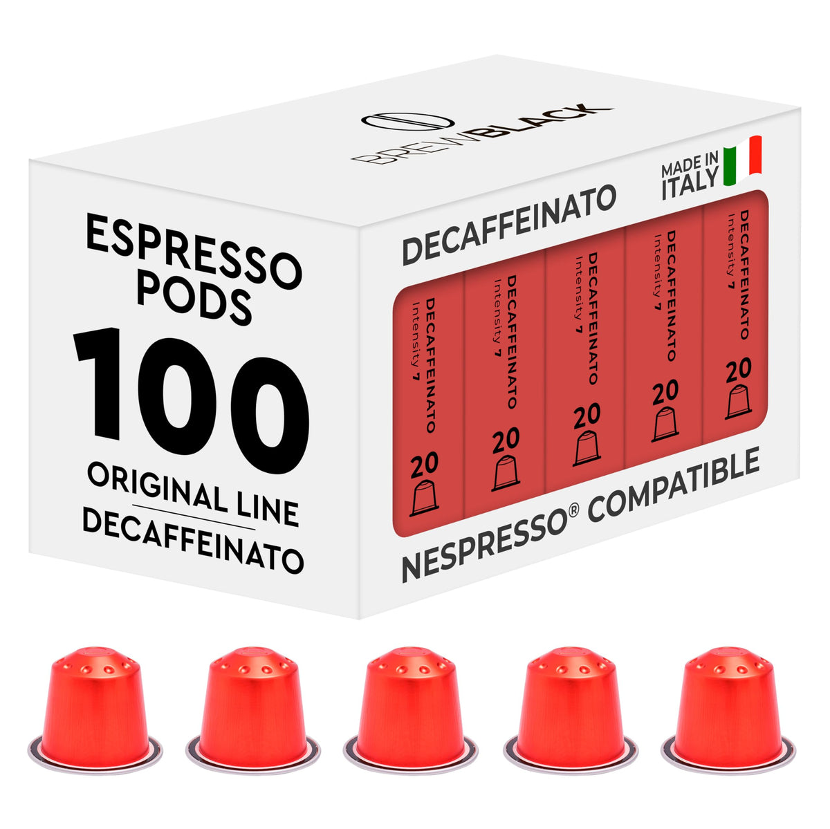 BREWBLACK decaffeinato pods, Nespresso Original compatible, for caffeine-free mornings.