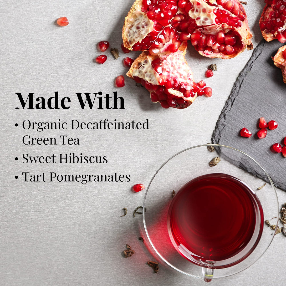 Brewing pomegranate green tea decaf to release a fragrant, balanced aroma.