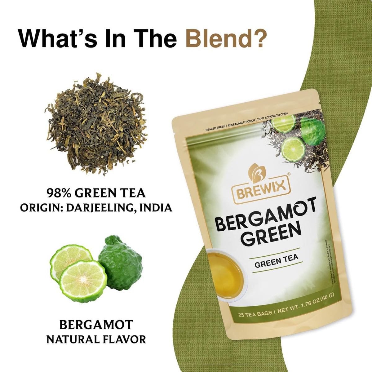 BREWIX Bergamot Green Tea pyramid bags allow full flavor infusion