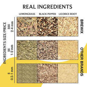 BREWIX turmeric-ashwagandha ingredients highlight roots and spices.