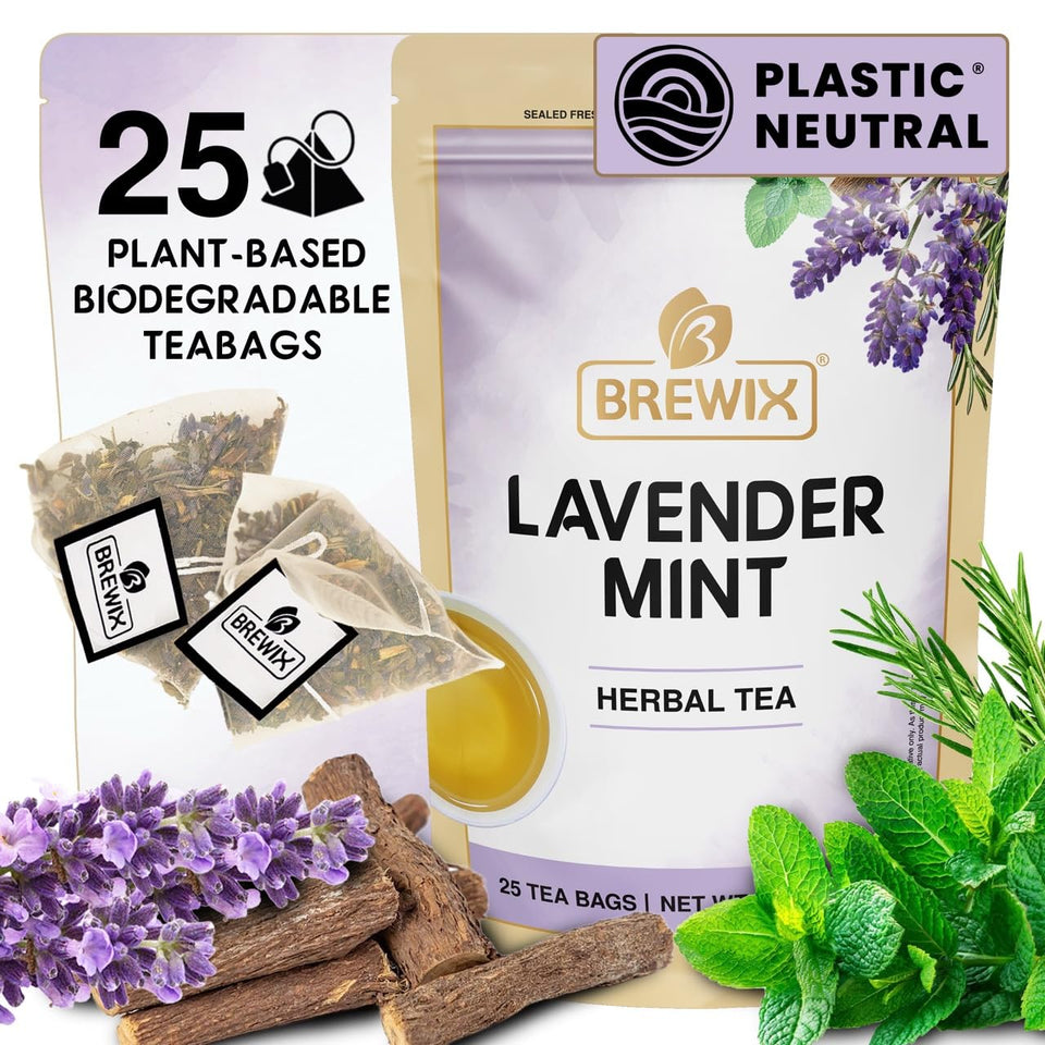 BREWIX Lavender Mint pyramid tea bags offer a calming aroma for unwinding.