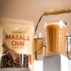 BREWIX Masala Chai ingredients label, quality tested for consistency.