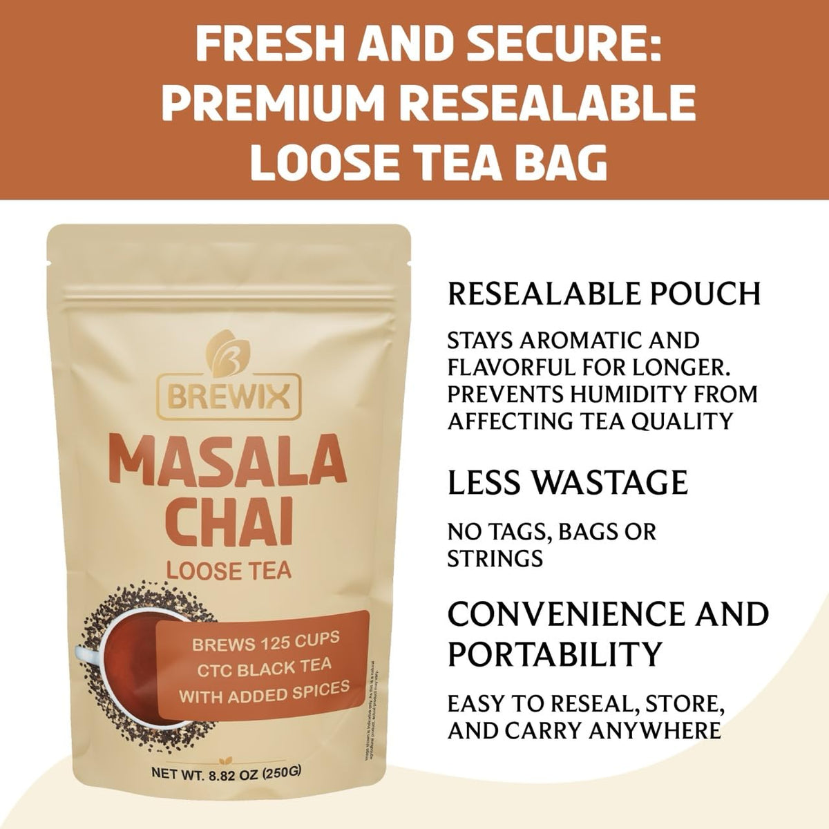 BREWIX Masala Chai packaging open showing premium loose tea
