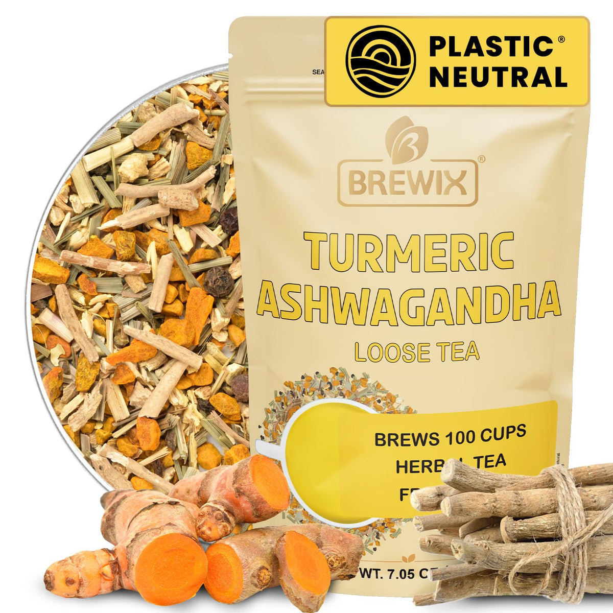 BREWIX turmeric-ashwagandha loose tea leaves for a caffeine-free, fragrant cup.