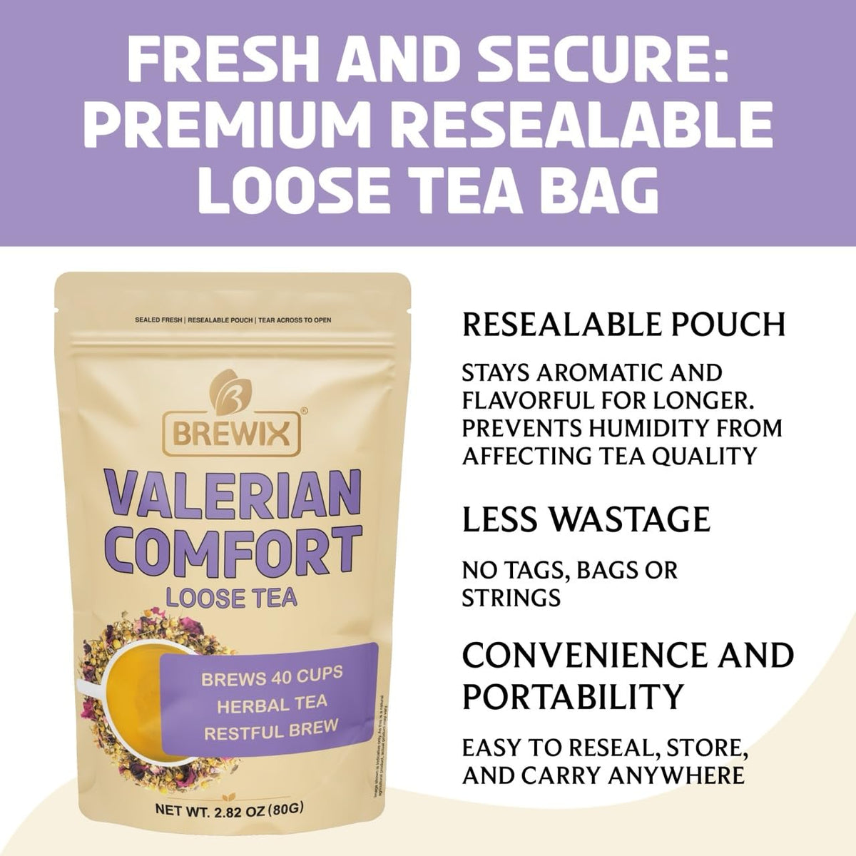 BREWIX Valerian Comfort Tea caffeine-free blend supports evening unwinding