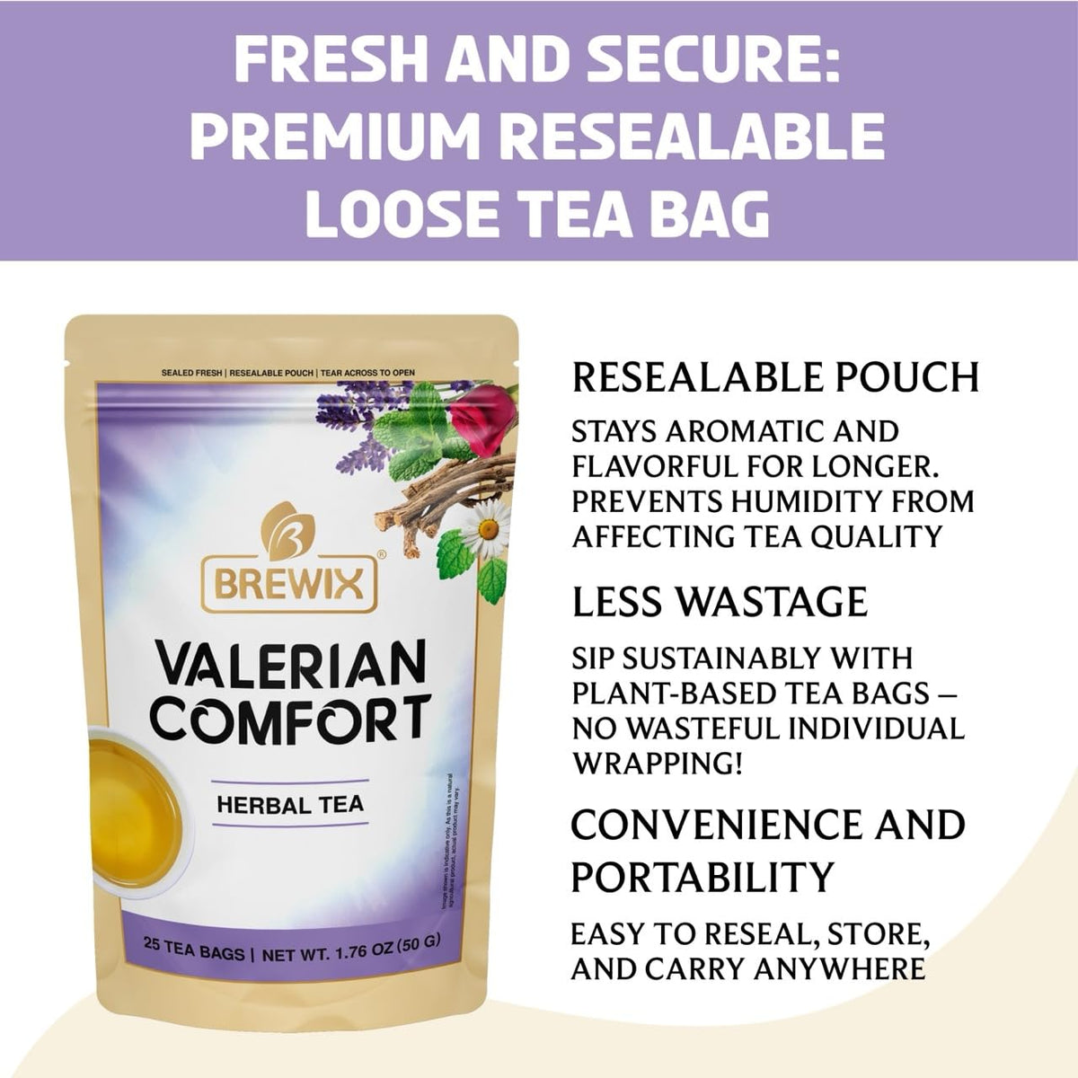 BREWIX Valerian Comfort Tea brand label signaling premium quality and care.