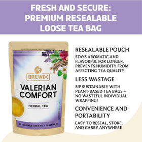 BREWIX Valerian Comfort Tea brand label signaling premium quality and care.