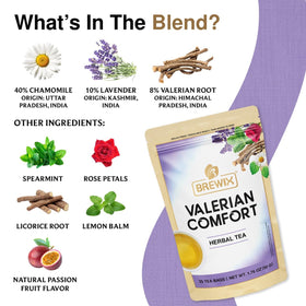 BREWIX Valerian Comfort Tea cup steeping with calming chamomile and lavender aromas.