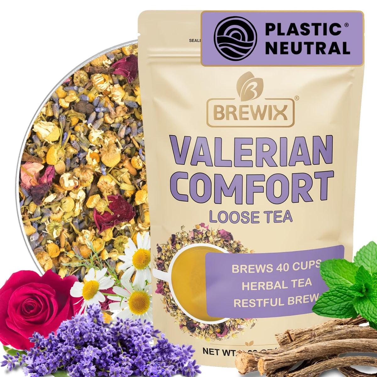 BREWIX Valerian Comfort Tea packaging highlights premium ingredients for a calming ritual
