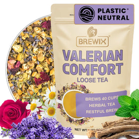 BREWIX Valerian Comfort Tea packaging highlights premium ingredients for a calming ritual