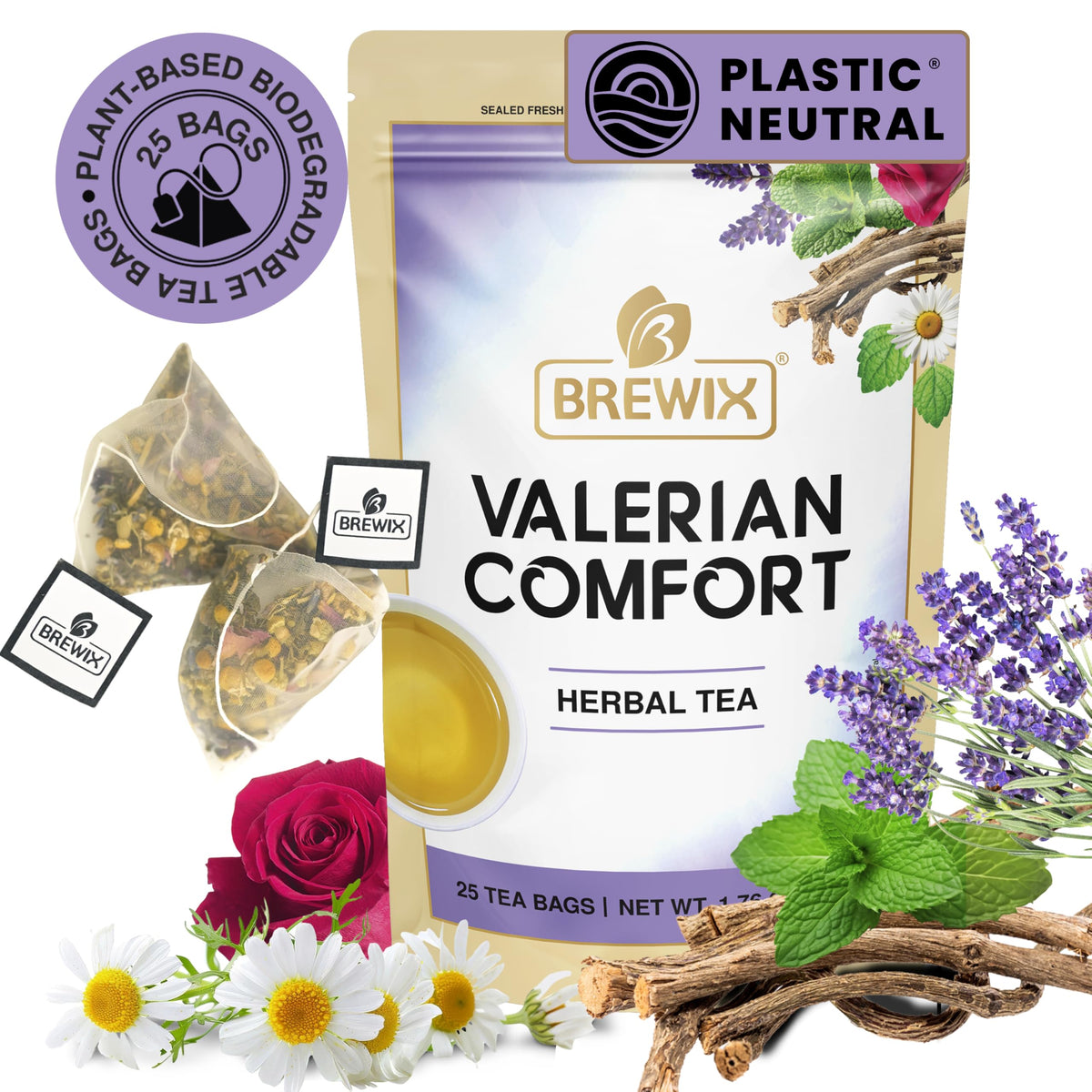 BREWIX Valerian Comfort Tea packaging with 25 pyramid bags for easy brewing.