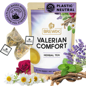 BREWIX Valerian Comfort Tea packaging with 25 pyramid bags for easy brewing.