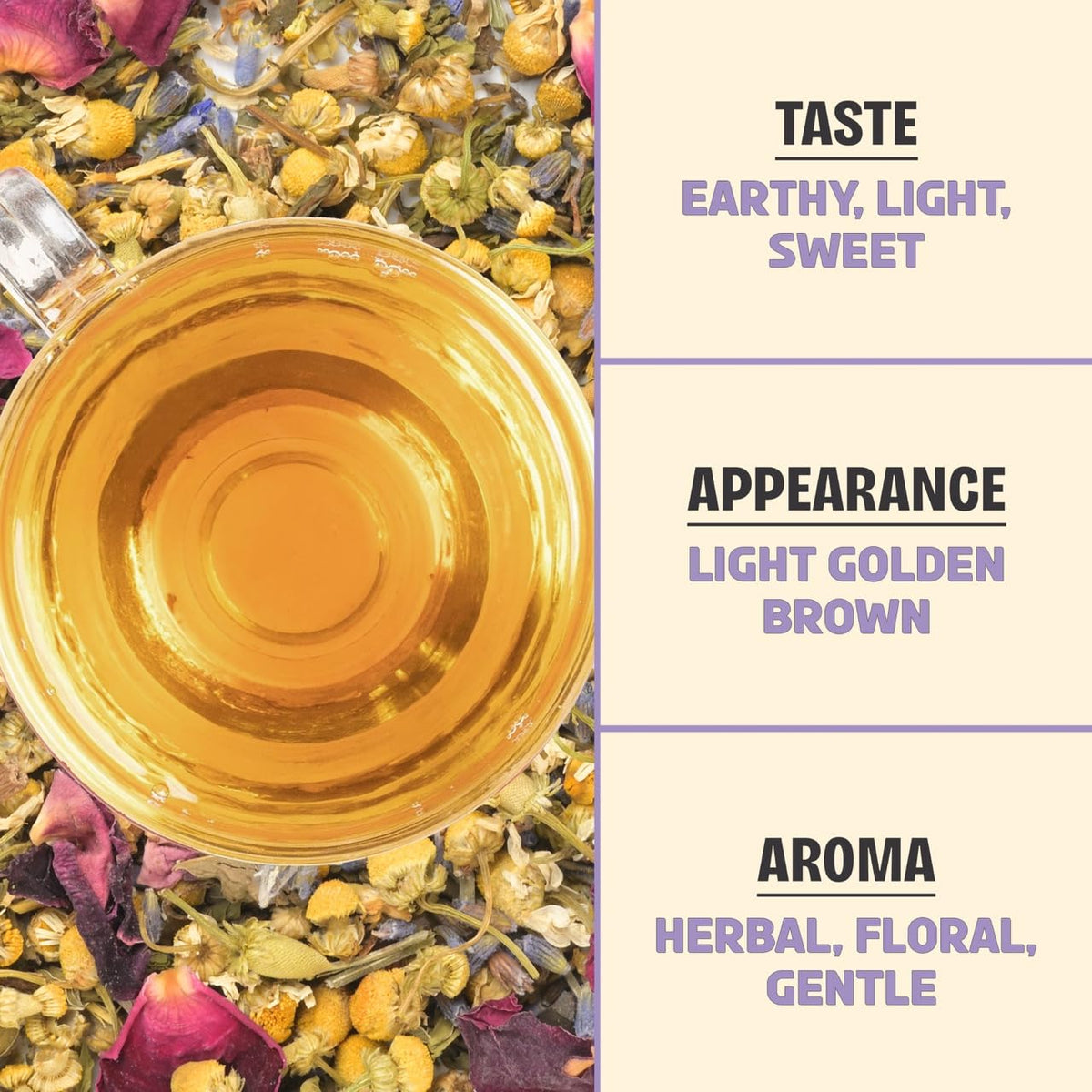 BREWIX Valerian Comfort Tea ingredients show chamomile and lavender for gentle calm