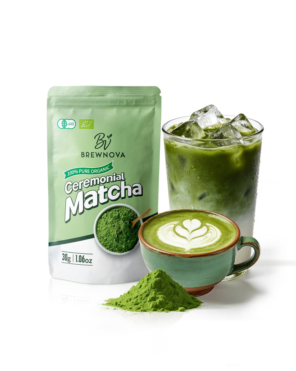 Brewnova ceremonial-grade matcha powder packaging highlights premium quality for rituals