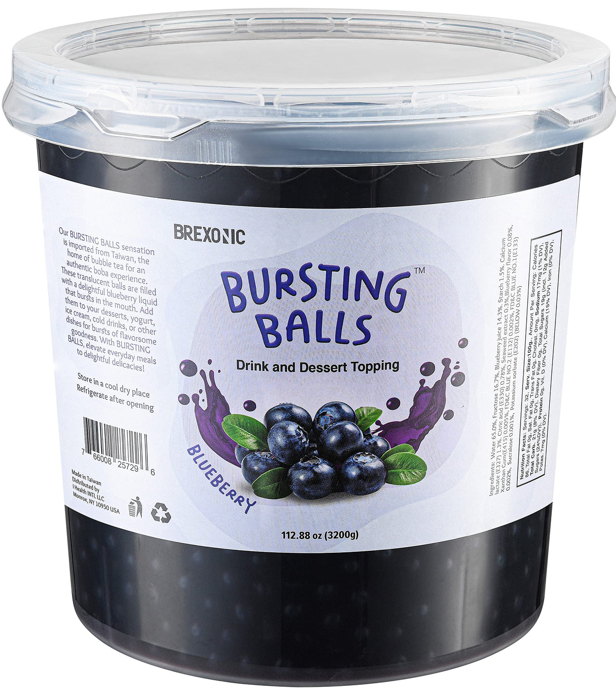 BREXONIC Blueberry popping boba pearls in packaging, long shelf life for home use.