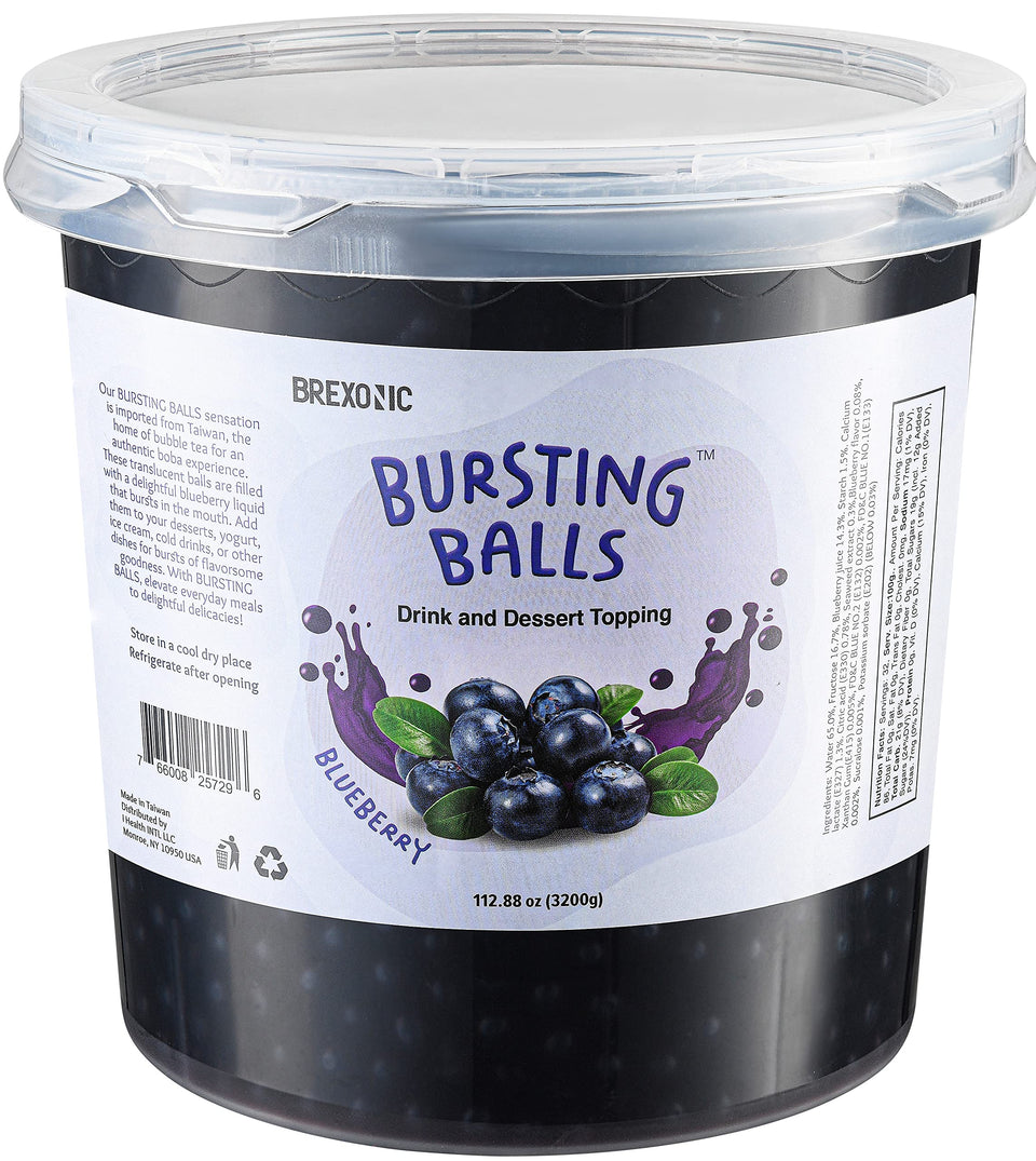 BREXONIC Blueberry popping boba pearls in packaging, long shelf life for home use.