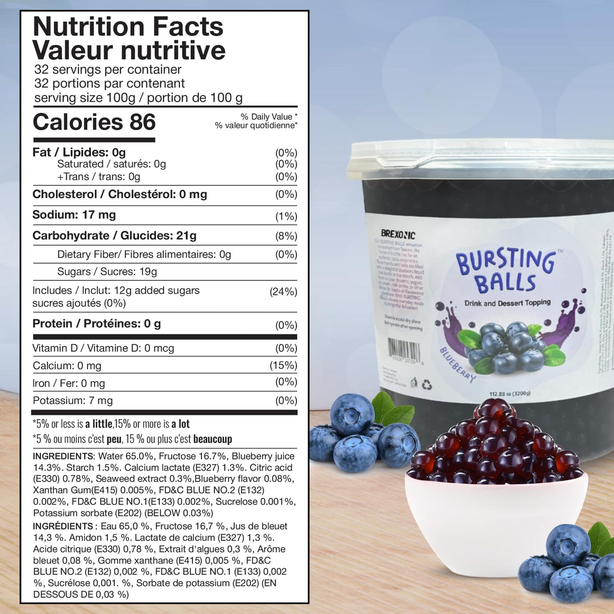 Blueberry popping boba pearls shown in tea for cafe-style drinks.