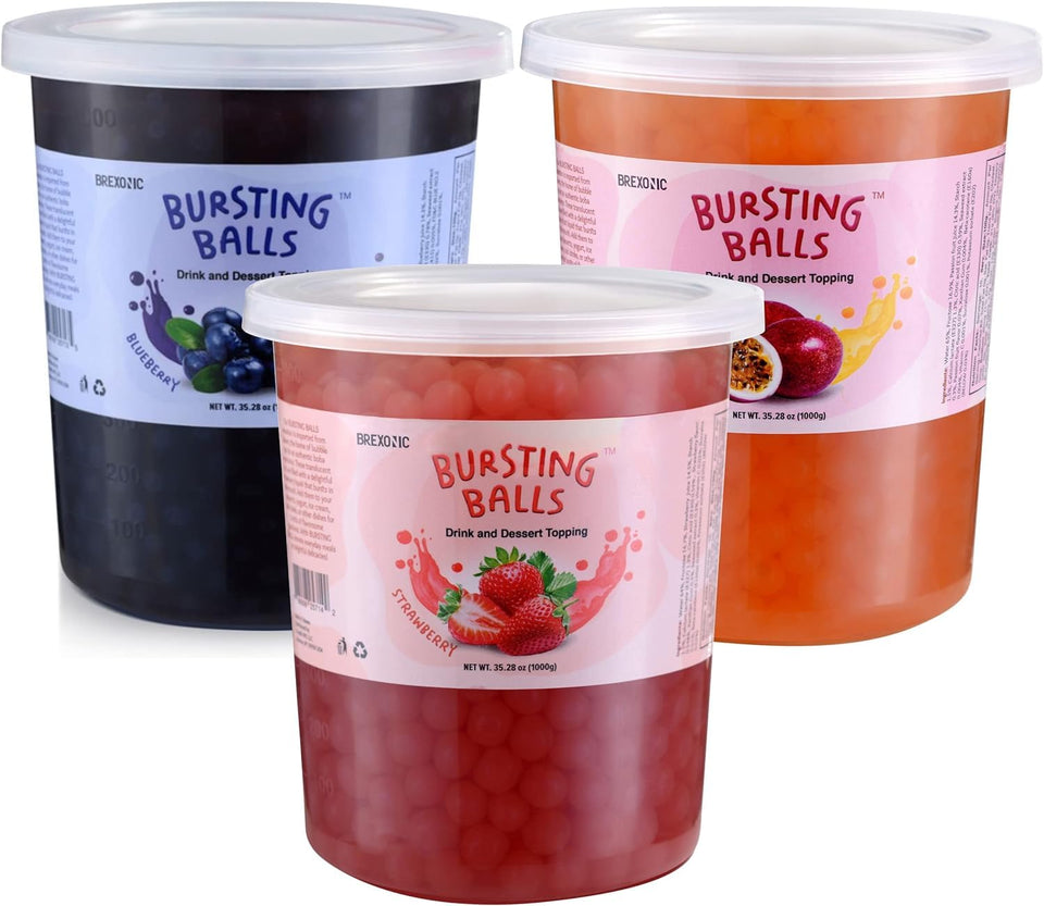 BREXONIC bursting boba strawberry tea ball in a glass for a refreshing sip