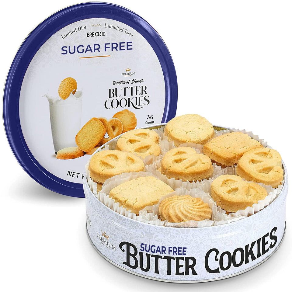 BREXONIC sugar-free butter cookies in a round tin, ideal for gifting and teatime.
