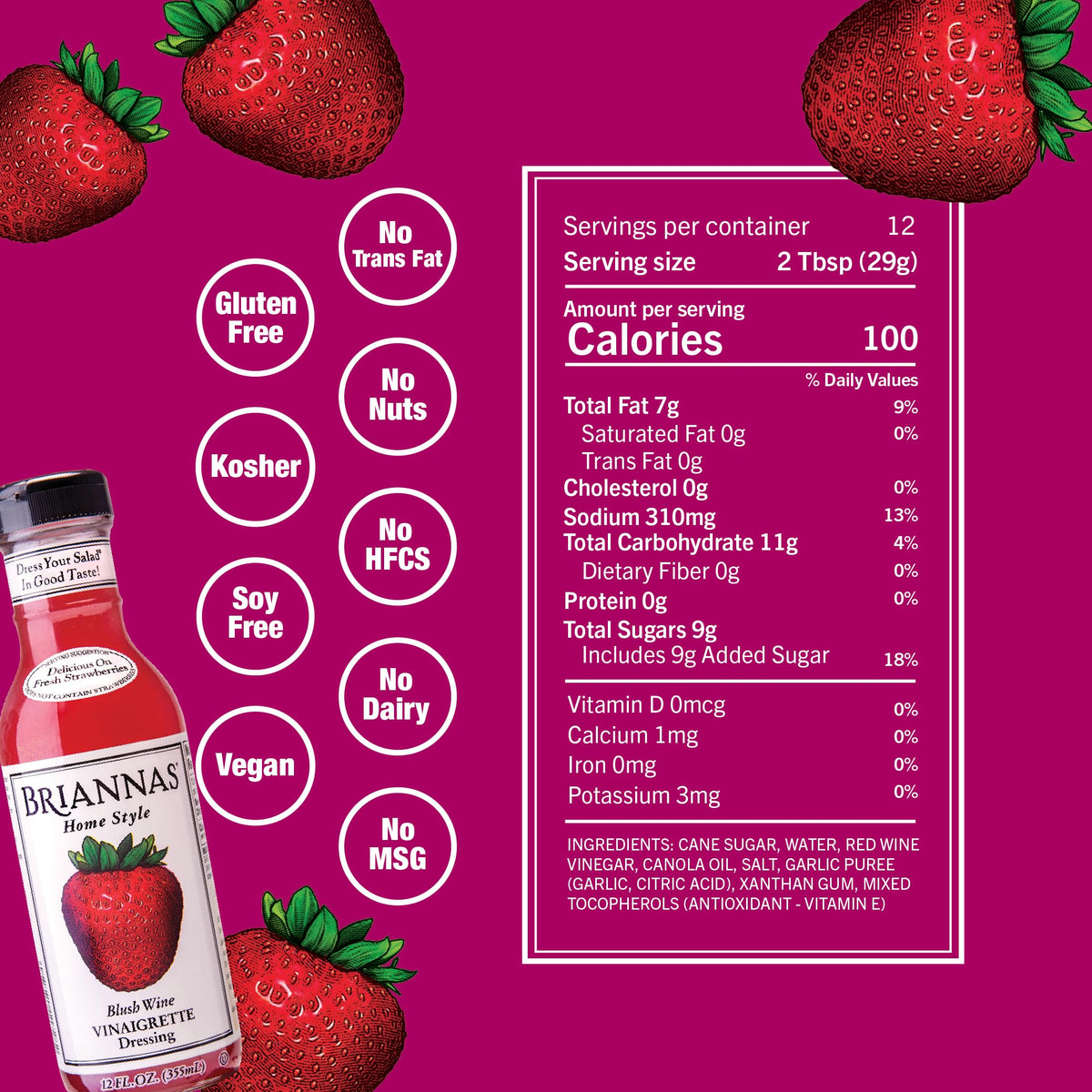 BRIANNAS Blush Wine Vinaigrette label close-up—premium ingredients showcased.