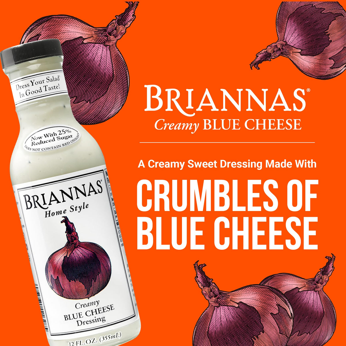BRIANNAS Creamy Blue Cheese Dressing bottle back with ingredients and gluten-free note.