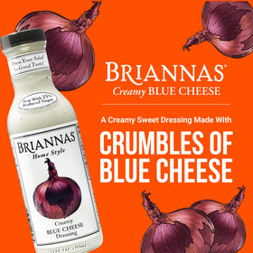 BRIANNAS Creamy Blue Cheese Dressing bottle back with ingredients and gluten-free note.