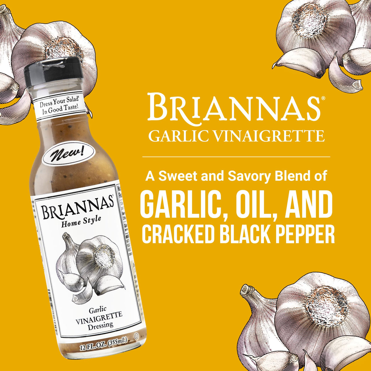 BRIANNAS Garlic Vinaigrette being poured, ideal as a salad dressing or marinade.