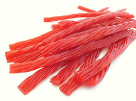 Bricktown Goods Cherry Licorice Twists closeup texture highlights soft, chewy bite for nostalgic snacking.