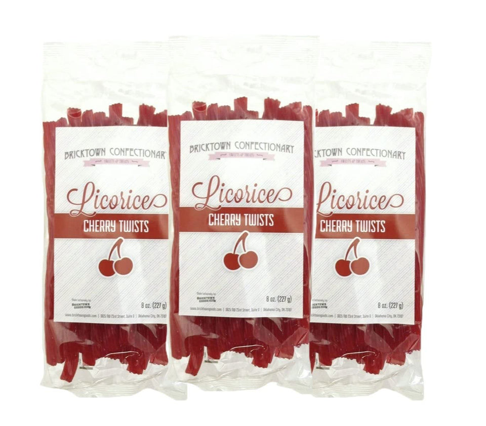 Bricktown Goods Cherry Licorice Twists pack 3: chewy, fat-free treat for gifting.