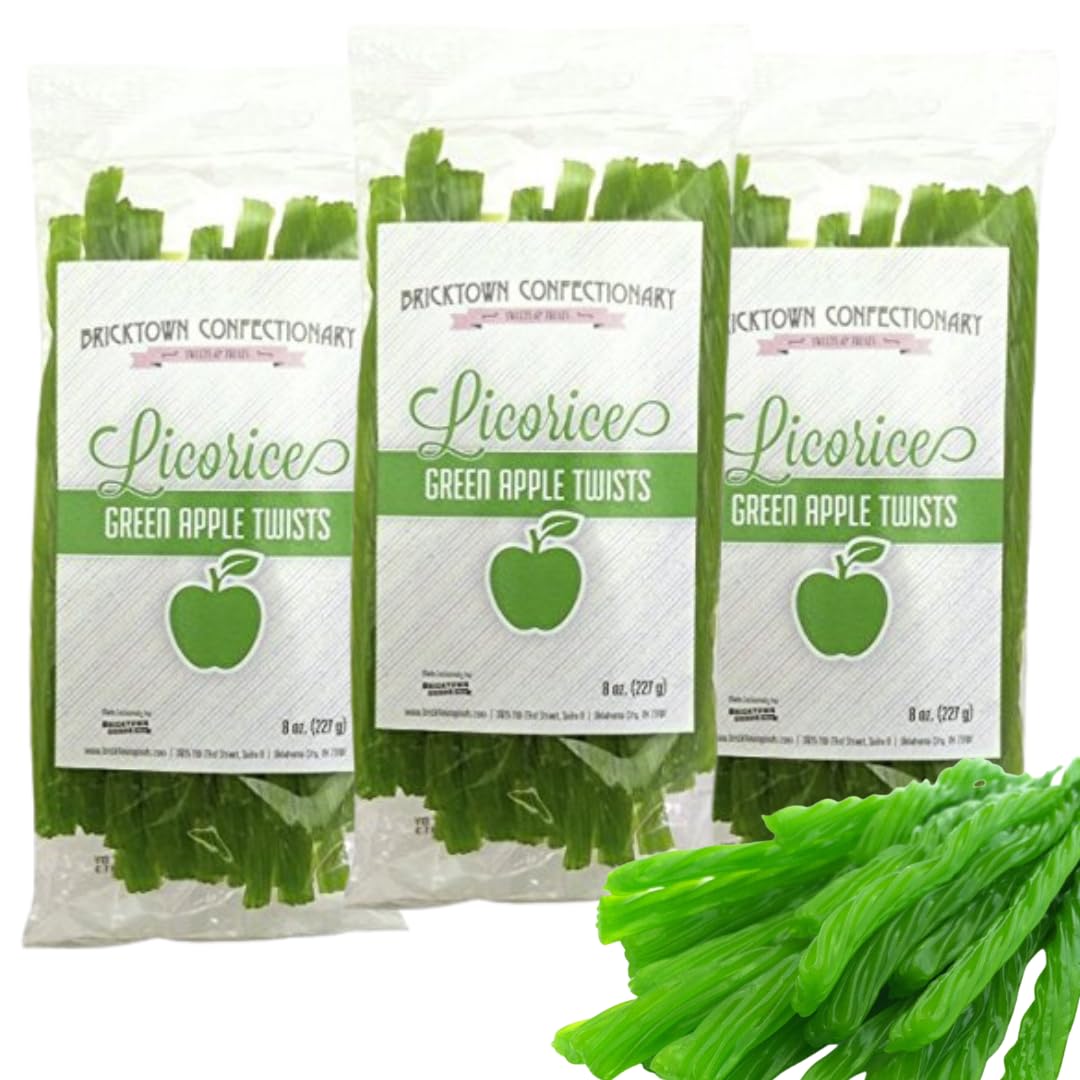 Bricktown Goods Green Apple Licorice Twists pack shown for sharing and bold flavor