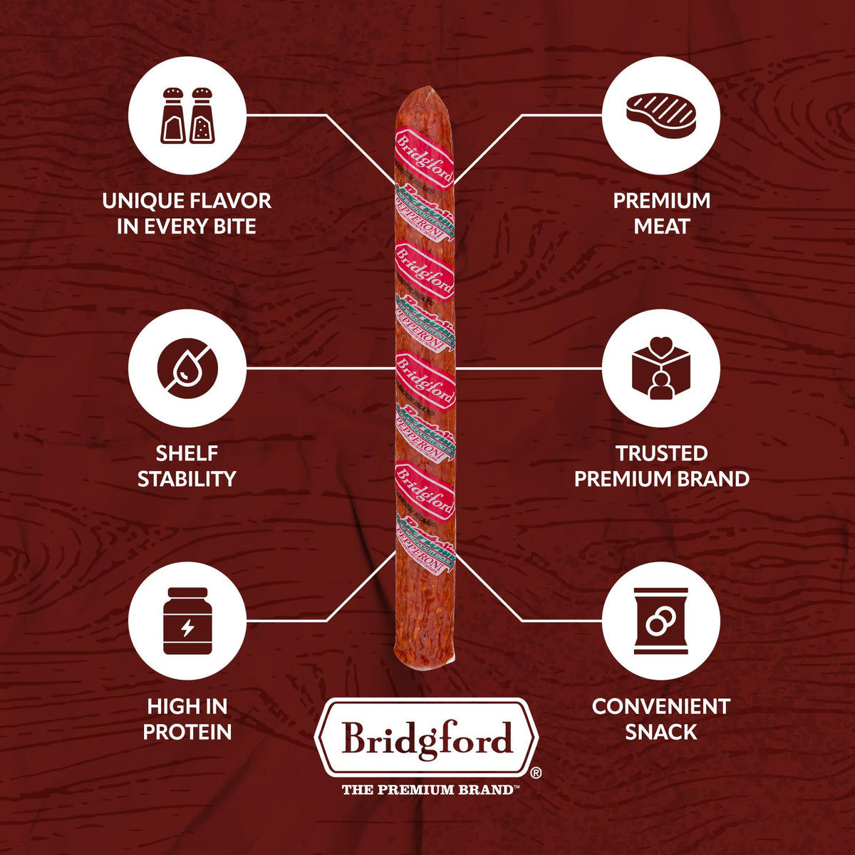 Bridgford Old World Pepperoni Stick on pizza delivers smoky aroma and chewy texture.