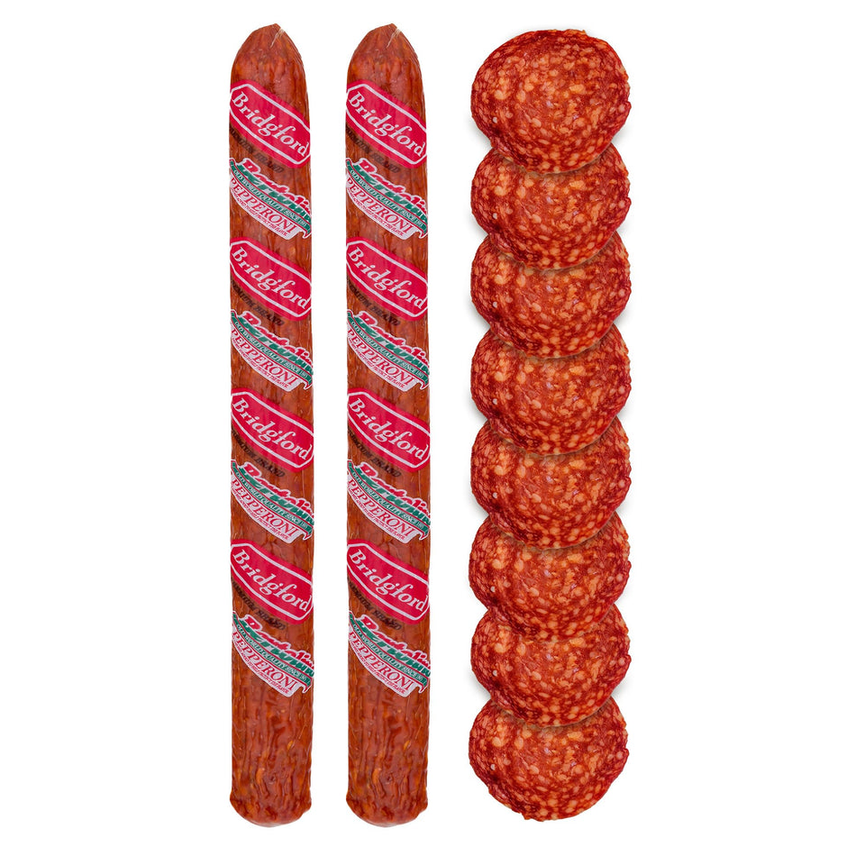 Bridgford Old World Pepperoni Stick packaging highlights premium quality and natural smoking.